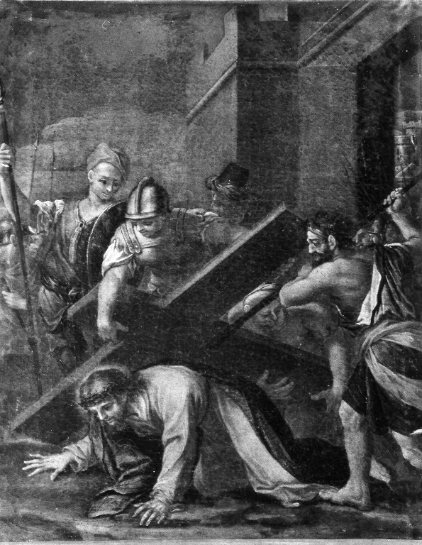 stazione VII: Gesù cade sotto la croce la seconda volta (dipinto) - ambito romano (prima metà sec. XVIII)