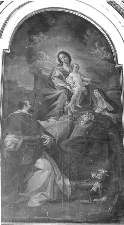 Madonna del Rosario con San Domenico e Santa Caterina da Siena (dipinto) di Rovari Geremia (metà sec. XVIII)