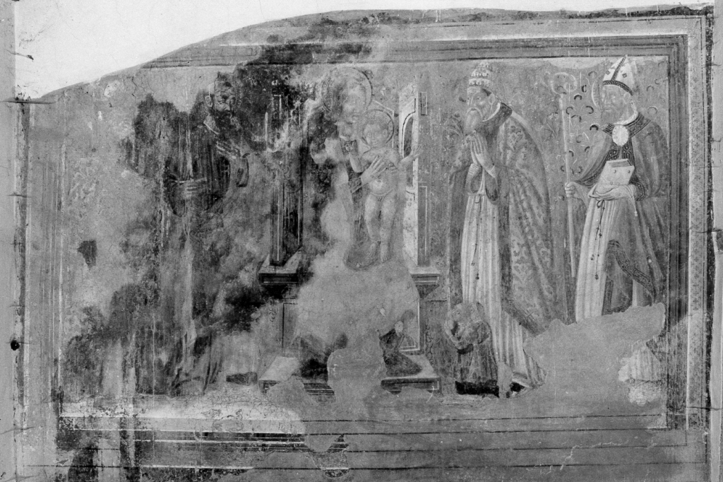 Madonna in trono tra quattro Santi e due donatori (dipinto, frammento) - ambito laziale (metà sec. XV)