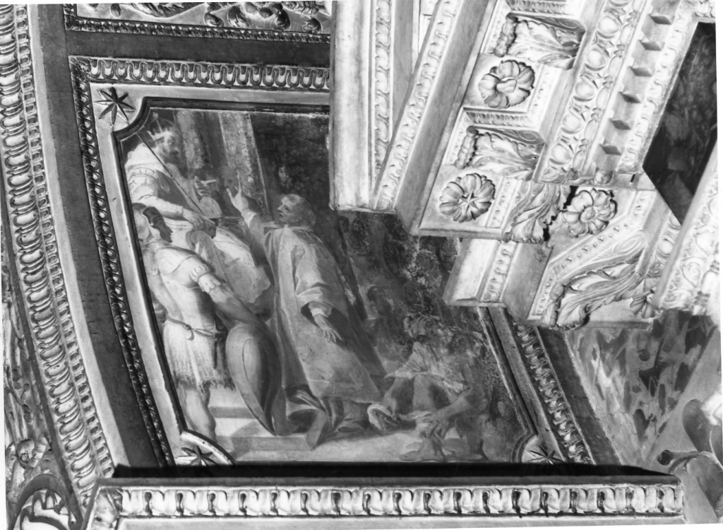 San Lorenzo mostra il vero tesoro della Chiesa all' imperatore (dipinto) di Pozzo Giovan Battista (attribuito) (sec. XVI)