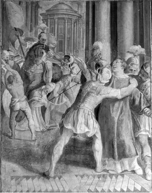 San Lorenzo arrestato al momento dell' esecuzione di Sisto II (dipinto) di Pozzo Giovan Battista (attribuito) (sec. XVI)