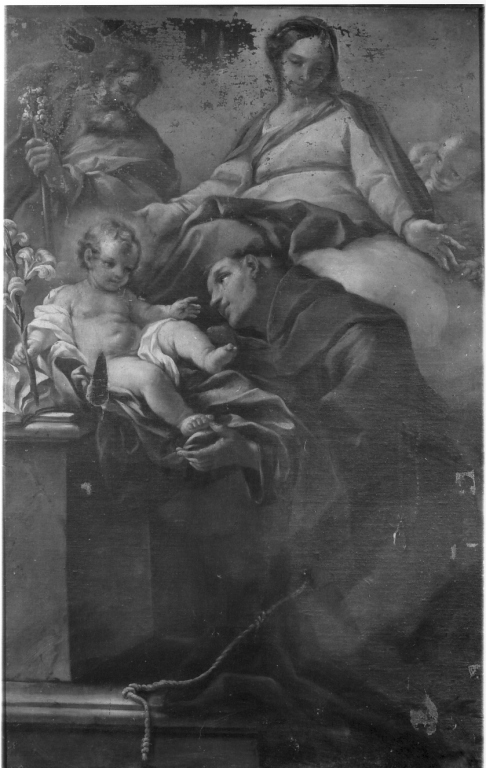 Sacra Famiglia e Sant'Antonio da Padova in adorazione del Bambino (dipinto) - ambito laziale (sec. XVIII)