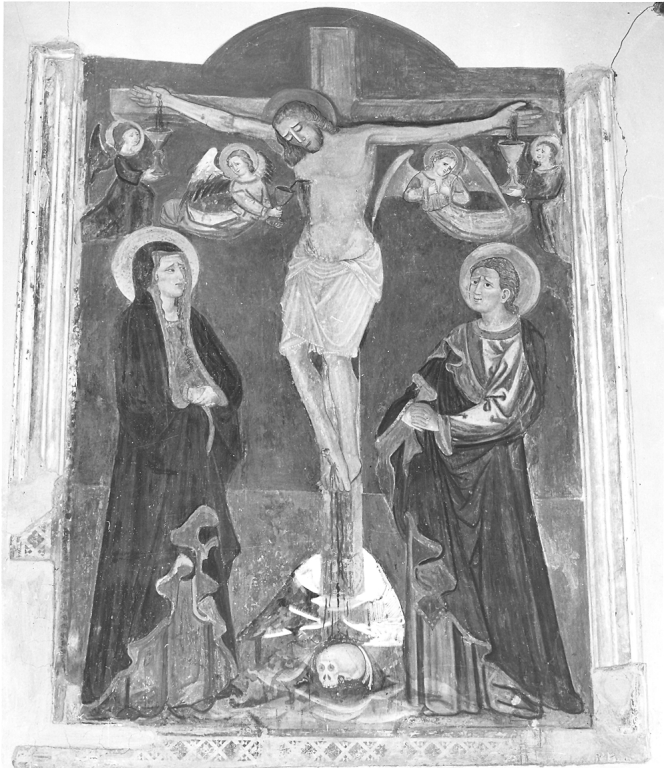 crocifissione di Cristo con la Madonna, San Giovanni Evangelista e angeli che raccolgono il sangue di Cristo (dipinto) - ambito marchigiano (inizio sec. XV)