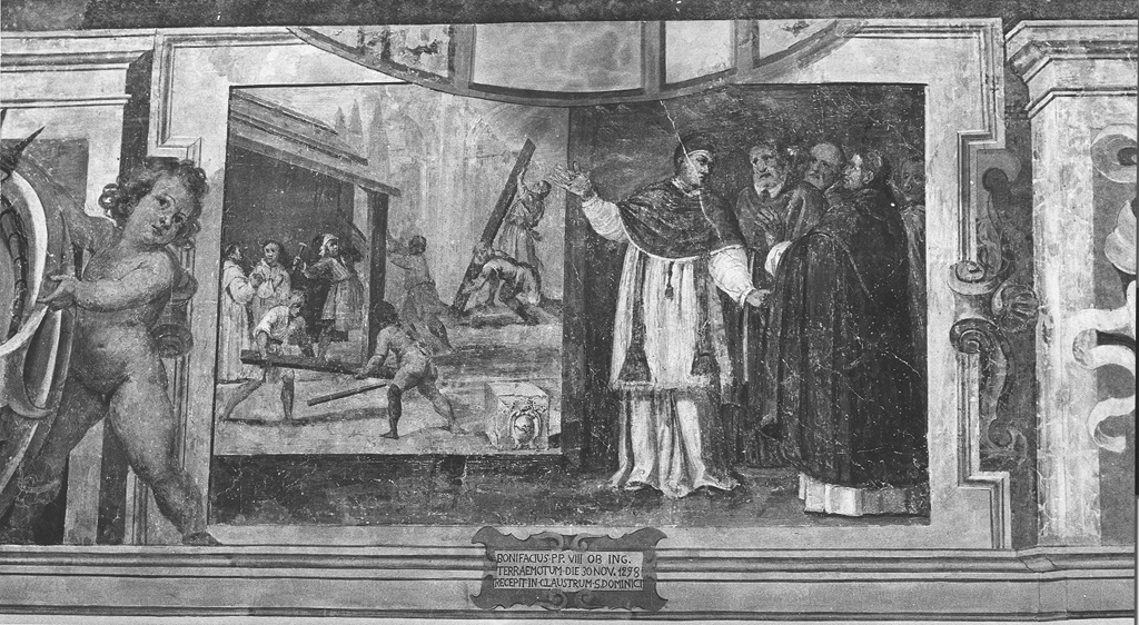 Bonifacio VIII si rifugia da San Domenico (dipinto) di Manenti Vincenzo (sec. XVII)