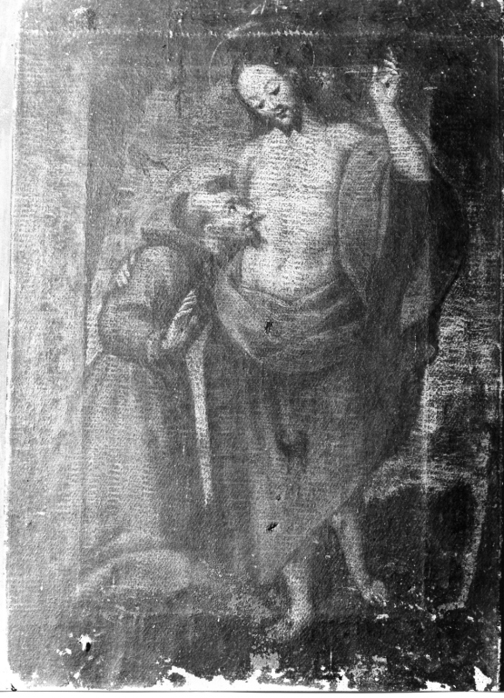 San Francesco d'Assisi abbraccia Cristo crocifisso (dipinto) - ambito laziale (sec. XIX)