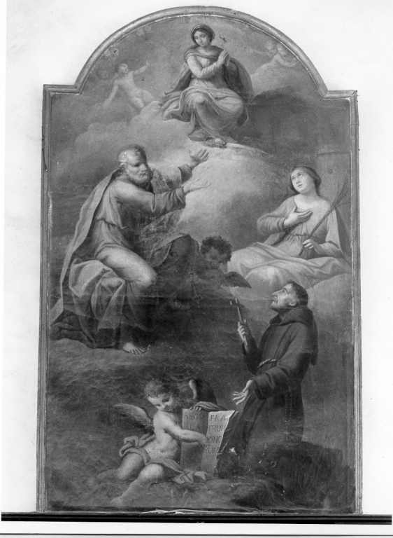 apparizione della Madonna a San Pietro, Santa Barbara e San Francesco (dipinto) di Pozzi Stefano (scuola) (metà sec. XVIII)