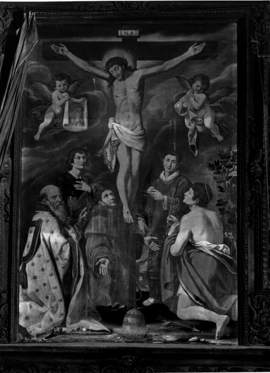 Cristo crocifisso e Santi (dipinto) di Bedeschini Giulio Cesare (attribuito) (prima metà sec. XVII)
