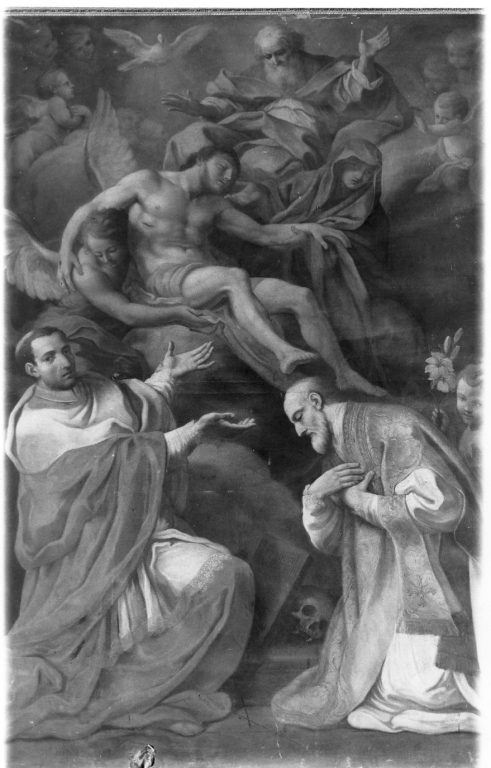 deposizione di Cristo con San Carlo Borromeo e San Filippo Neri (dipinto) di Mazzanti Ludovico (scuola) (metà sec. XVIII)