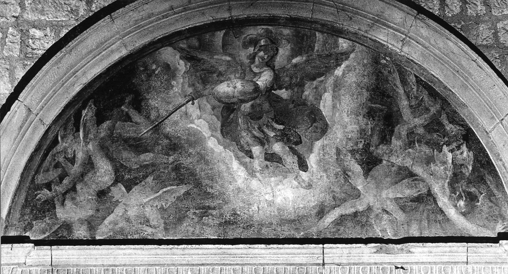 San Michele Arcangelo scaccia gli angeli ribelli dal paradiso (dipinto, opera isolata) - ambito laziale (secc. XVII/ XVIII)