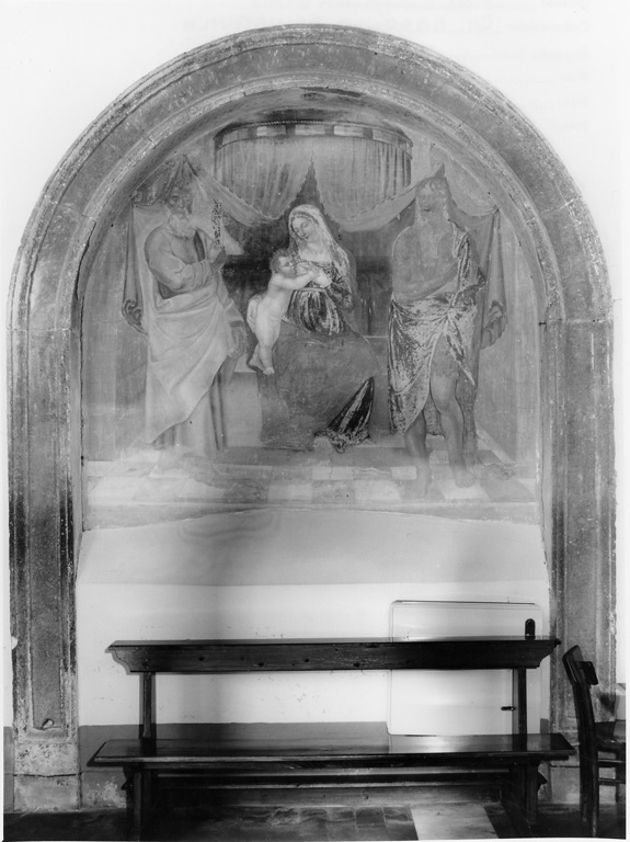 Madonna con Bambino in trono con San Giuda Taddeo e San Bartolomeo (dipinto) - ambito laziale (sec. XVI)