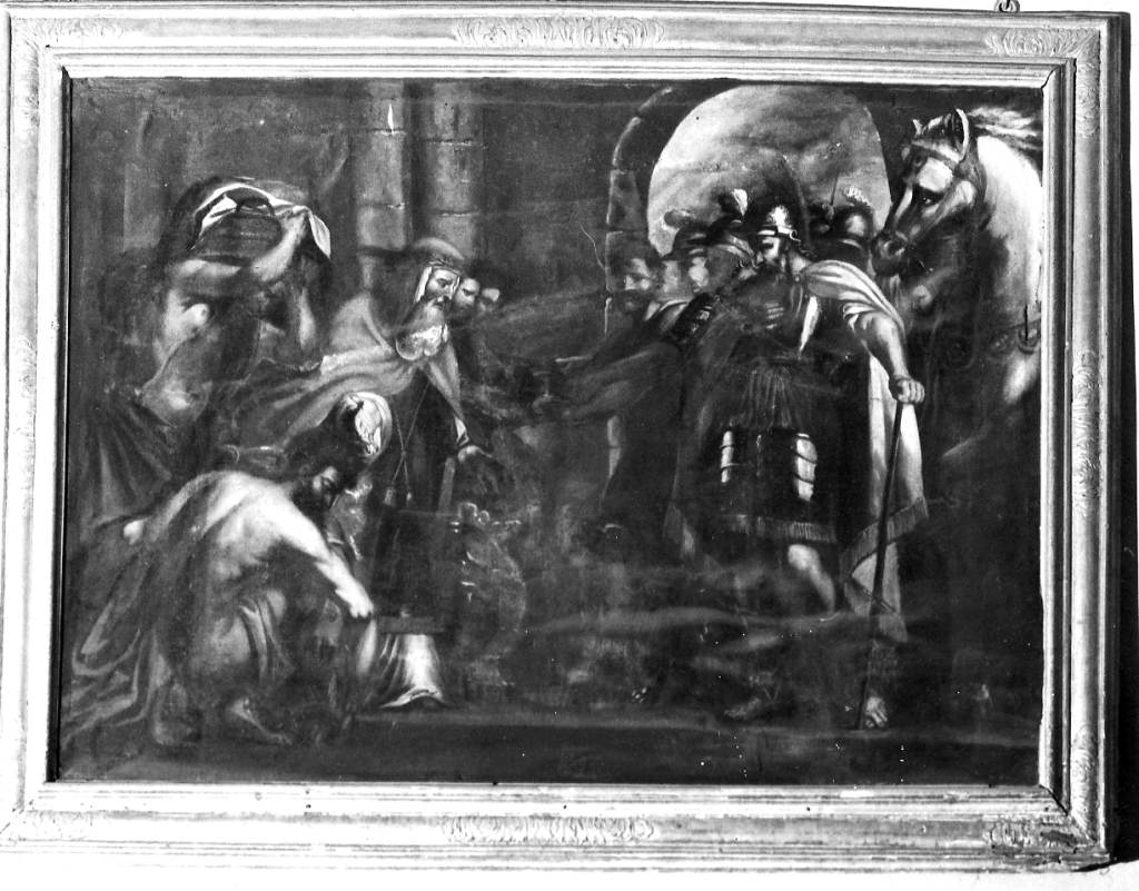 Sant'Ambrogio rifiuta l'ingresso in chiesa all'imperatore Teodosio (dipinto) - ambito laziale (sec. XVII)