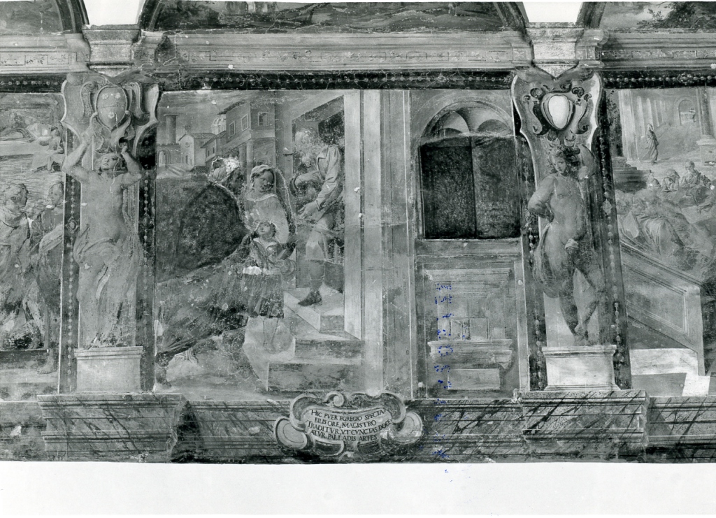 Monica e Patrizio accompagnano Agostino a scuola (dipinto) di Ganassini Marzio (inizio sec. XVII)