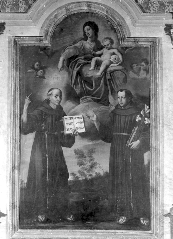 Madonna con Gesù Bambino, S. Bernardino da Siena e S. Antonio da Padova (dipinto) - ambito Italia centrale (sec. XVII)