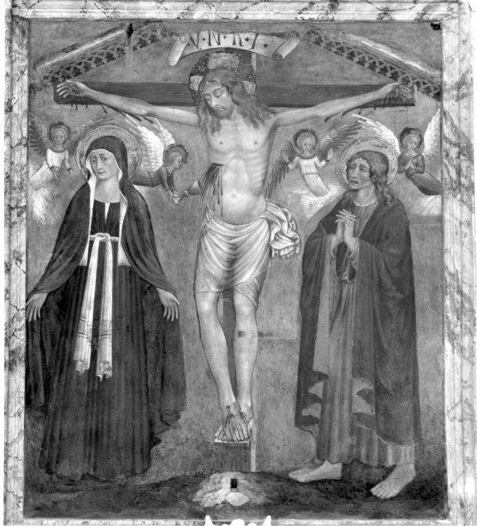 Crocifissione di Cristo con la Madonna e San Giovanni Evangelista (dipinto) - ambito viterbese (metà sec. XV)