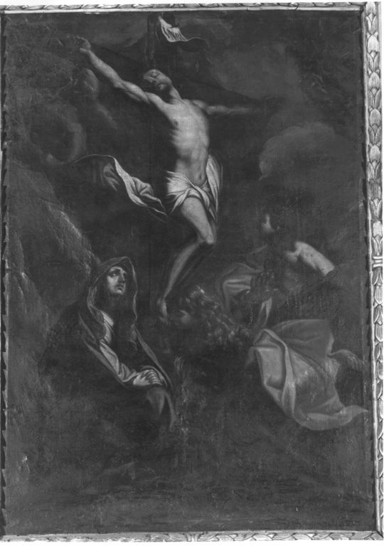Cristo crocifisso con Madonna, Santa Maria Maddalena e San Giovanni Evangelista (dipinto) - ambito bolognese (sec. XVII)