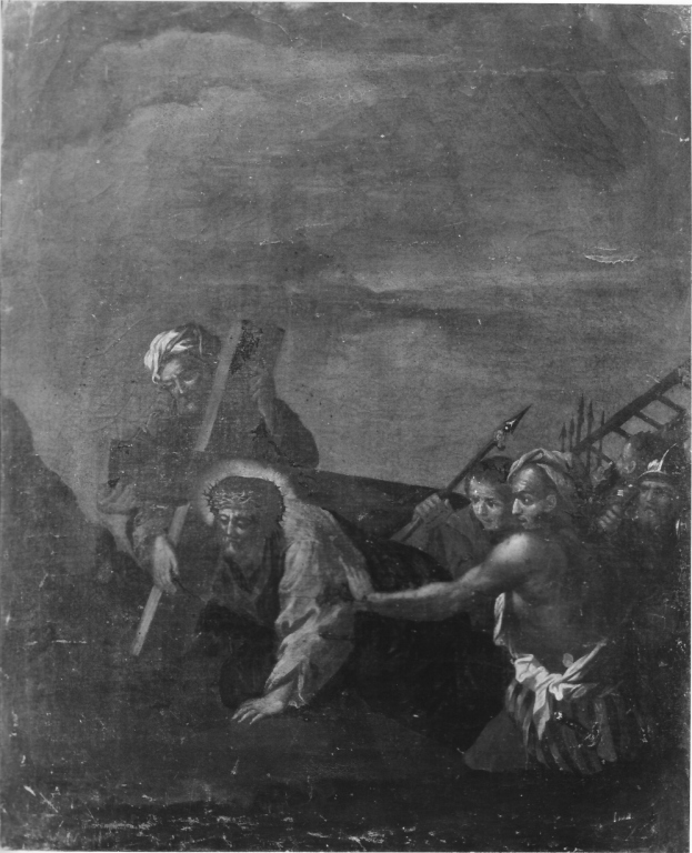 stazione V: Gesù aiutato da Simone il Cireneo a portare la croce (dipinto, serie) - ambito napoletano (sec. XVIII)