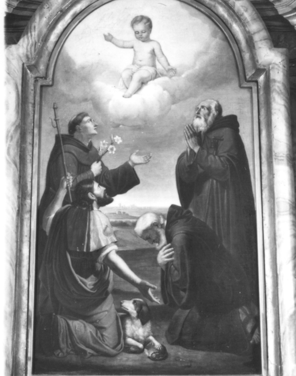 Sant'Antonio da Padova, San Rocco e due frati in adorazione di Gesù Bambino (dipinto) - ambito romano (sec. XIX)
