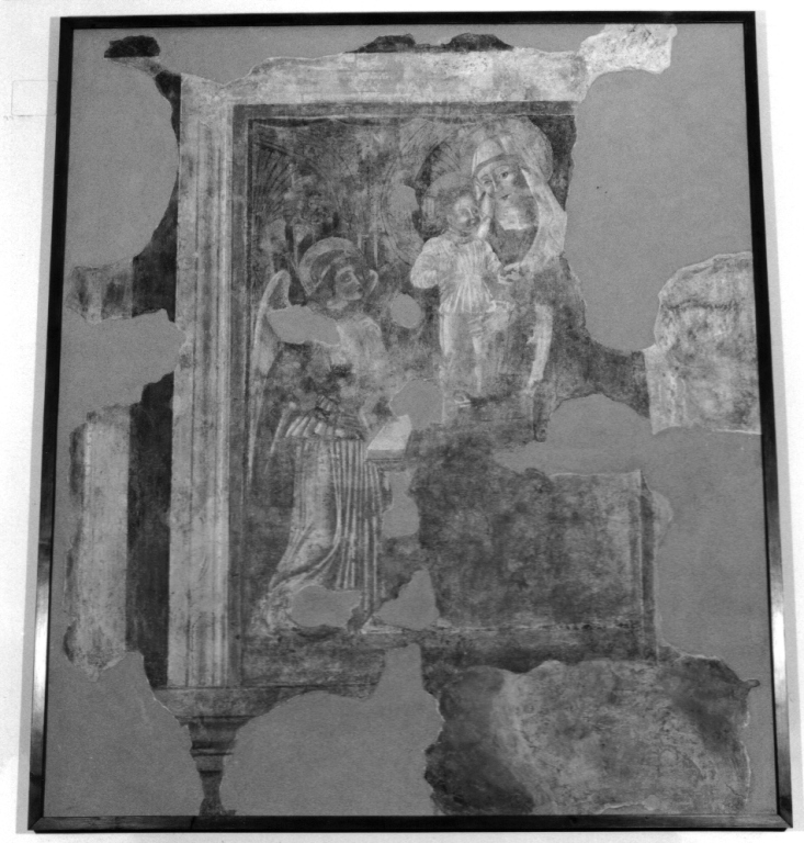 Madonna in trono con Bambino e un angelo (dipinto, frammento) - ambito viterbese (metà sec. XV)