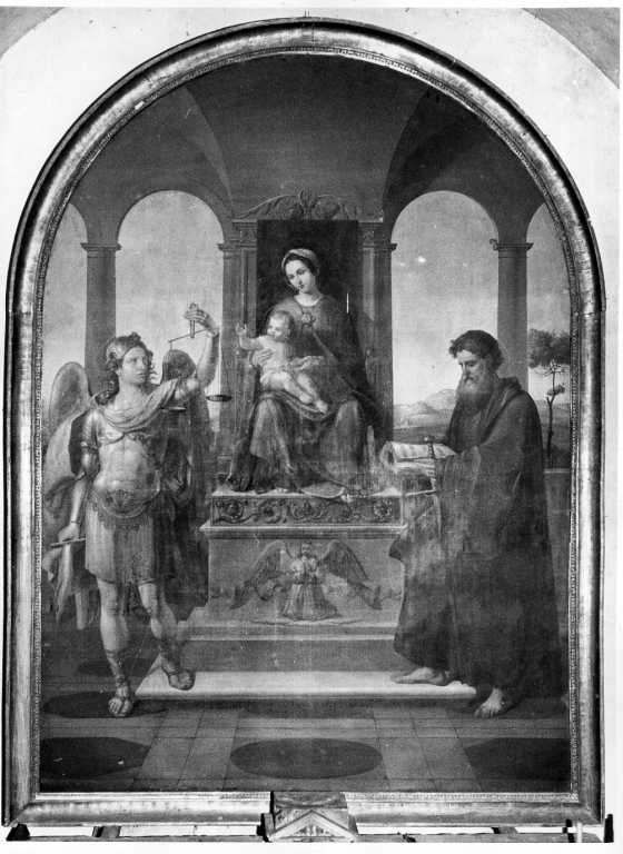 madonna con Bambino con San Michele Arcangelo e San Paolo apostolo (dipinto) di Mori Pacifico (sec. XIX)