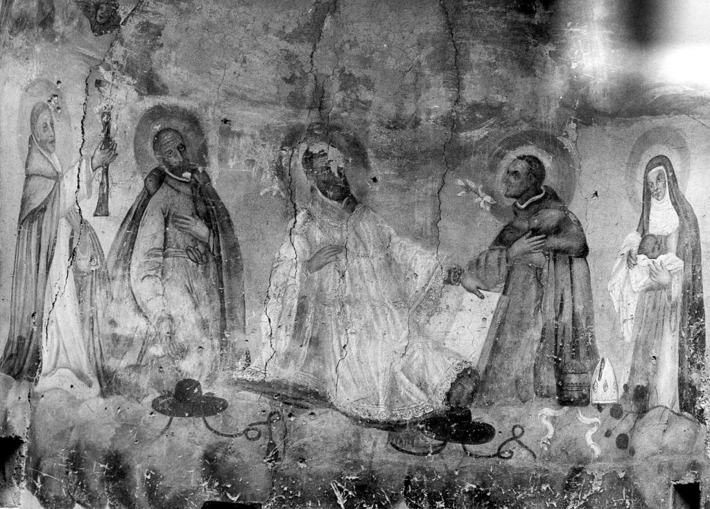San Pietro Martire, San Filippo Neri, San Carlo Borromeo, santo, Santa Rita da Cascia (?) (dipinto) - ambito laziale (sec. XVII)