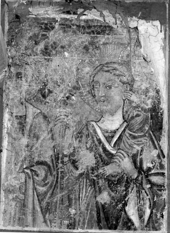 San Cristoforo e un santo (dipinto, frammento) - ambito laziale (secc. XIV/ XV)