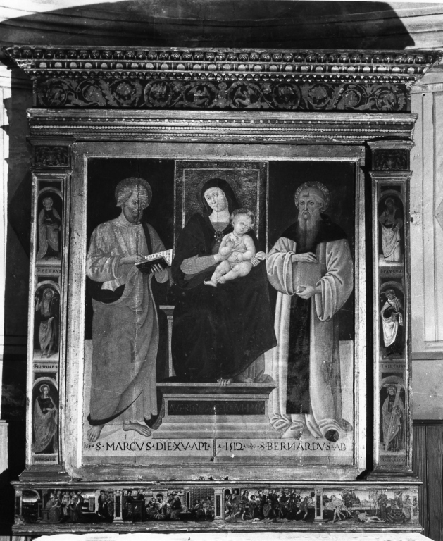 Madonna in trono con Bambino tra San Marco e San Bernardino Abate (dipinto) di D'Avanzarano Giovan Francesco detto Fantastico (sec. XVI)