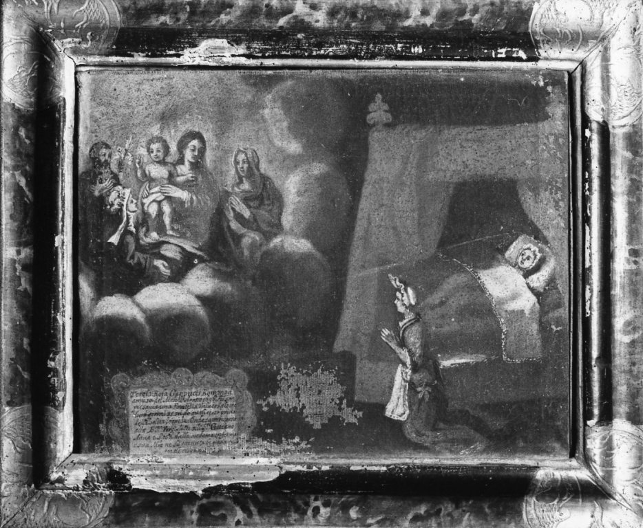 Donna chiede alla Sacra Famiglia , Santa Rosa e Sant'Anna la grazia per una malata (dipinto) - ambito viterbese (sec. XVII)