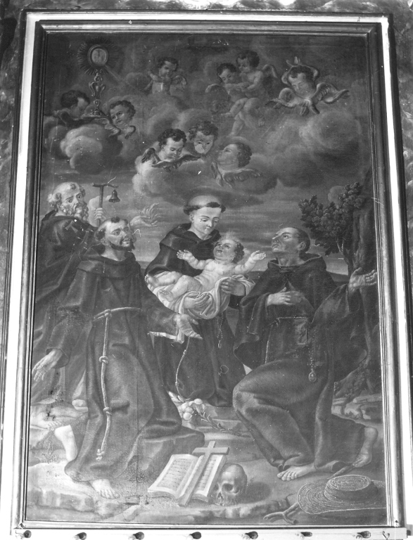 San Pasquale Baylon adora l'Eucarestia con i santi Antonio da Padova, Francesco e Antonio abate (dipinto) - bottega romana (sec. XVIII)