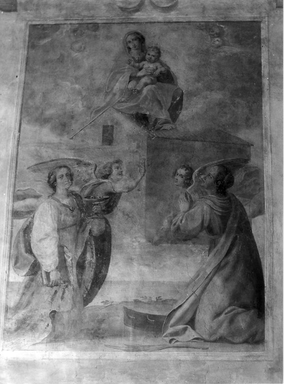 Madonna con bambino, Santa Lucia e Santa Caterina d'Alessandria (dipinto) di Manenti Vincenzo (cerchia) (sec. XVII)