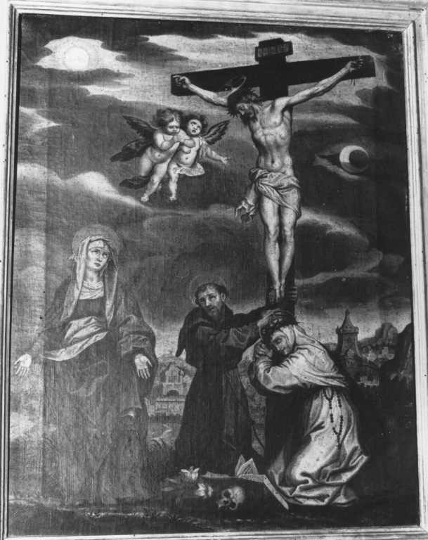 Cristo crocifisso con Sant'Antonio da Padova, Santa Rita e una santa (dipinto) - ambito laziale (sec. XVII)