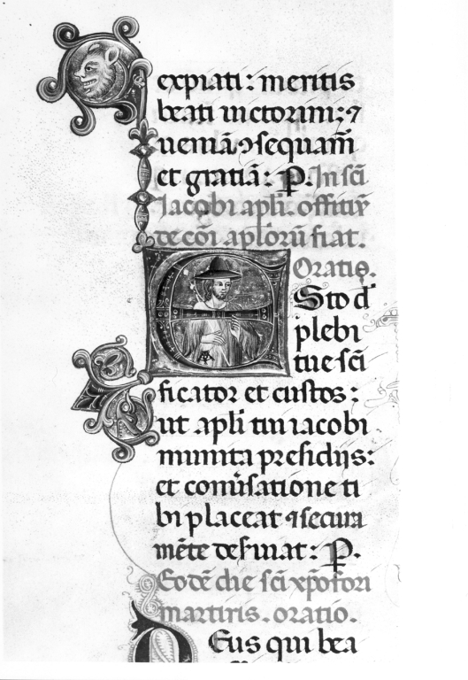 S. Giacomo apostolo e decori (miniatura, serie) - ambito laziale (sec. XIV)