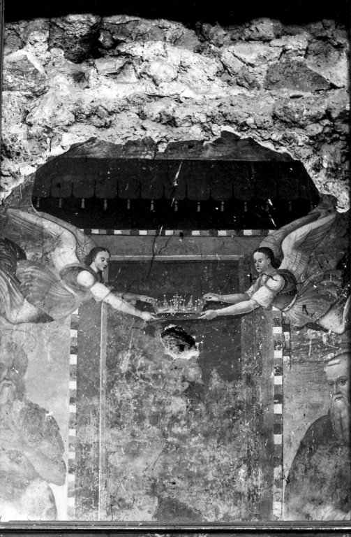 angeli sorreggenti una corona con due santi (dipinto) - ambito laziale (sec. XVI)