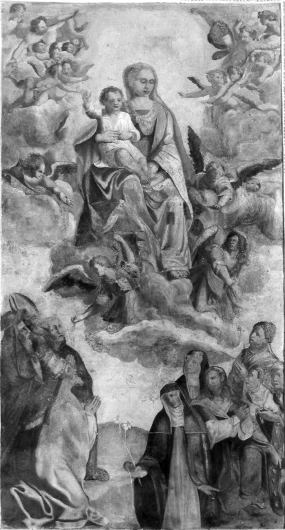 Madonna del Rosario tra angeli frati e suore domenicane (dipinto) - ambito laziale (sec. XVI)