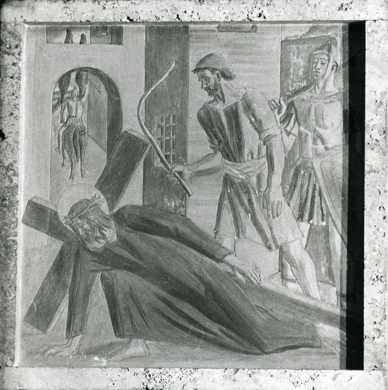 stazione III: Gesù cade sotto la croce la prima volta (dipinto) di Papi Federigo (sec. XX)