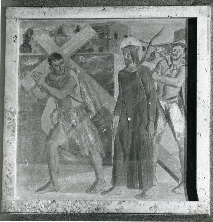 stazione V: Gesù aiutato da Simone il Cireneo a portare la croce (dipinto) di Papi Federigo (sec. XX)
