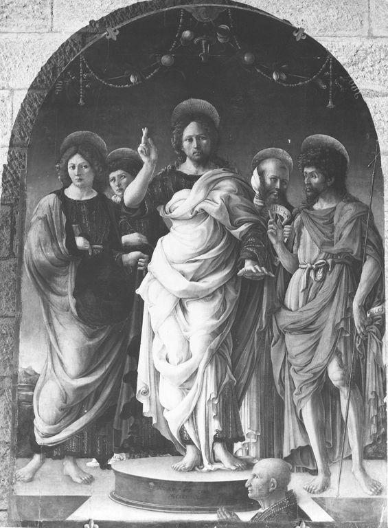 Cristo e i Santi Giovanni Evangelista, Leonardo, Benedetto (?) e Giovanni Battista (dipinto) di Liberale da Verona (attribuito), Gerolamo da Cremona (attribuito) (sec. XV)