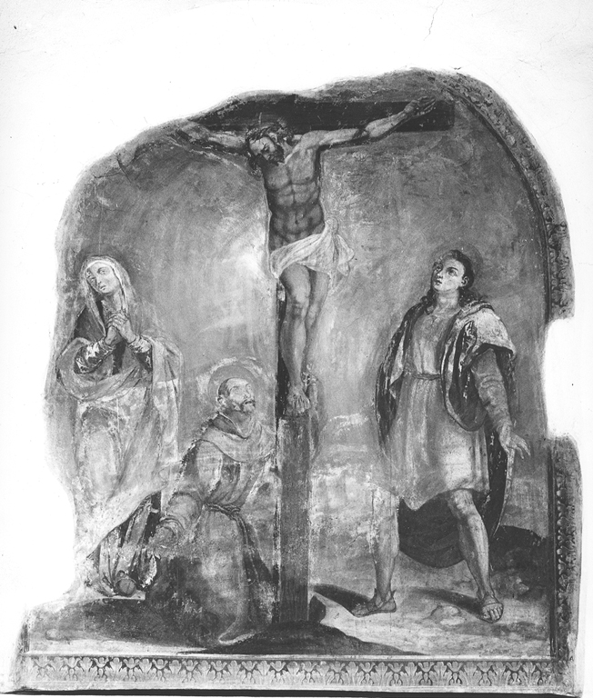 crocifissione di Cristo con la Madonna, San Giovanni e San Francesco (dipinto) - ambito laziale (sec. XVI)