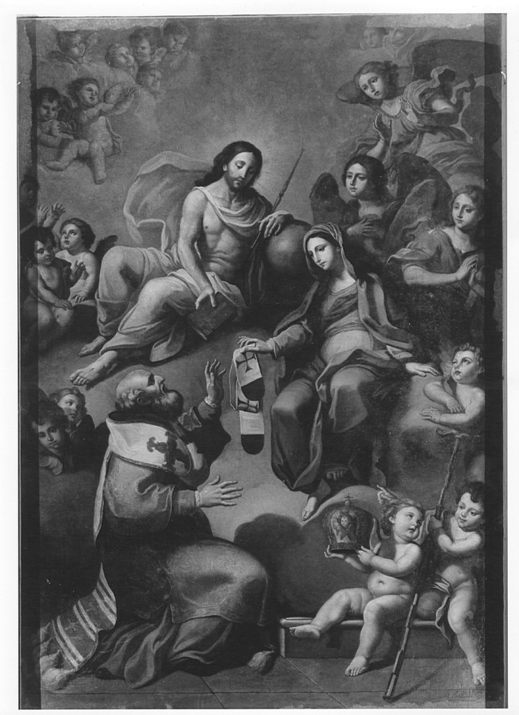 Madonna e Cristo in gloria offrono lo scapolare e il libro a san Nicola di Bari (dipinto) - ambito laziale (sec. XVIII)