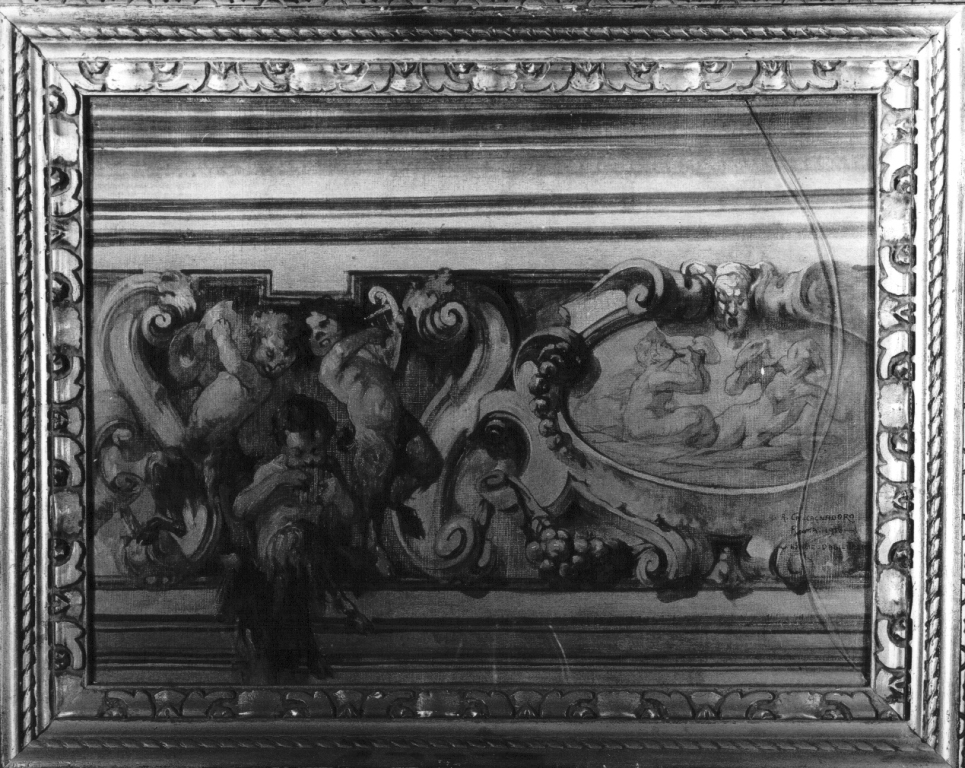 satiri musicanti e motivi decorativi a volute con festoni (dipinto) di Calcagnadoro Antonino (sec. XX)