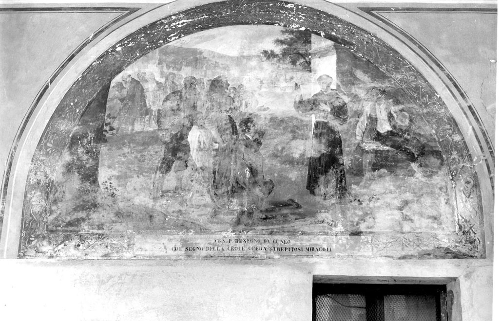 Il venerabile Benigno da Cuneo compie miracoli col segno della croce (dipinto, ciclo) di Grillotti Ludovico (sec. XX)