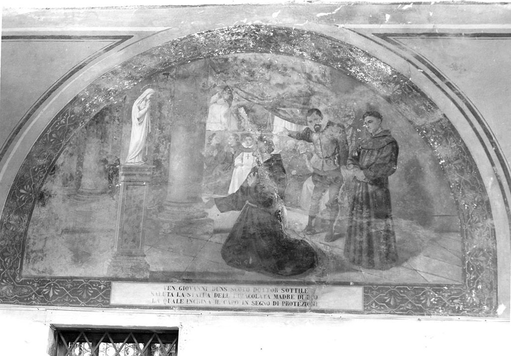 Il venerabile Giovanni Duns Scoto saluta la statua della Madonna che china il capo (dipinto, ciclo) di Grillotti Ludovico (sec. XX)