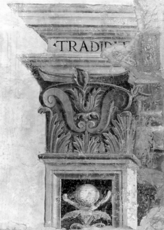 lesena con capitello e architrave con iscrizione (dipinto, frammento) di D'Avanzarano Giovan Francesco detto Fantastico, Giovanni Paolo di Falente da Roma (sec. XV)