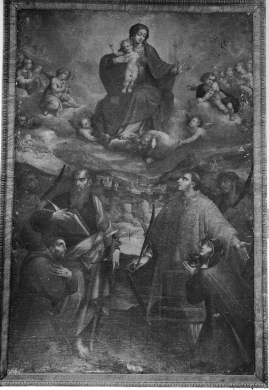 apparizione della Madonna col Bambino a sei santi (dipinto) di Van de Casteele François (sec. XVI)