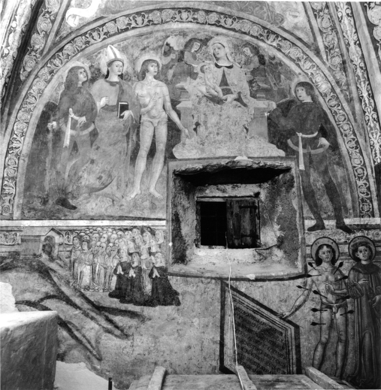 devoti celebrano la nuova costruzione della cappella di San Sebastiano (dipinto, ciclo) di Desiderio da Subiaco (sec. XV)