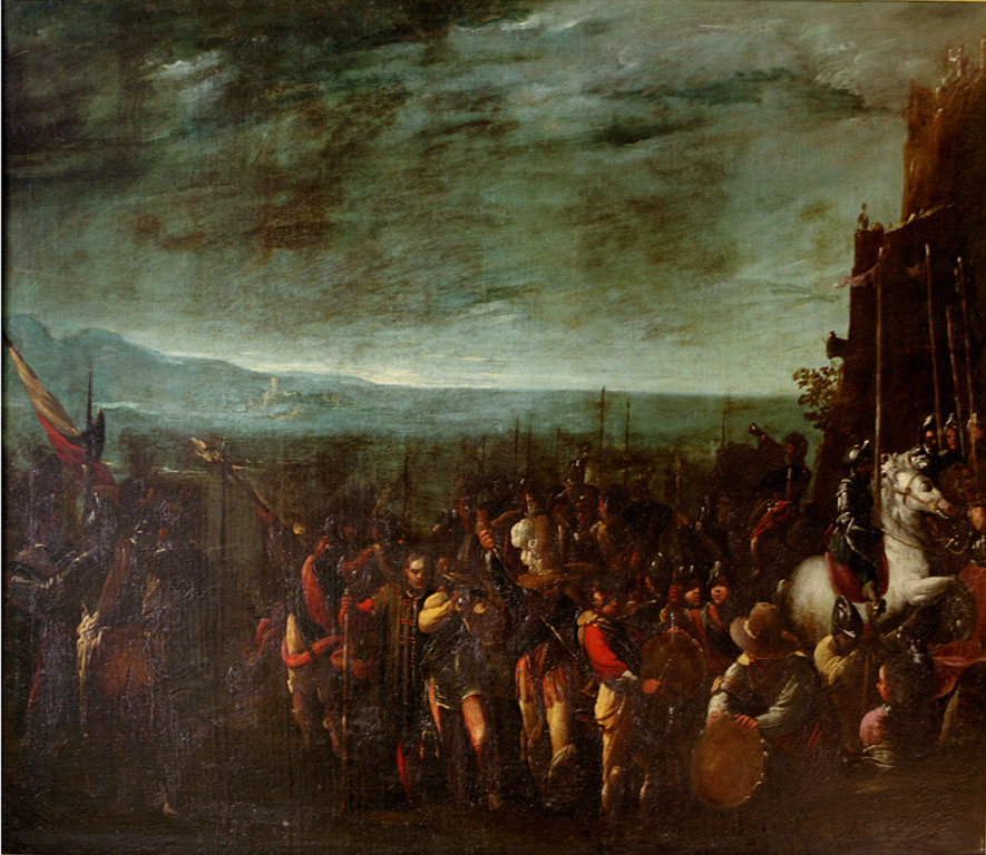 soldati in marcia (dipinto) di Donducci Giovanni Andrea detto Mastelletta (secc. XVI/ XVII)