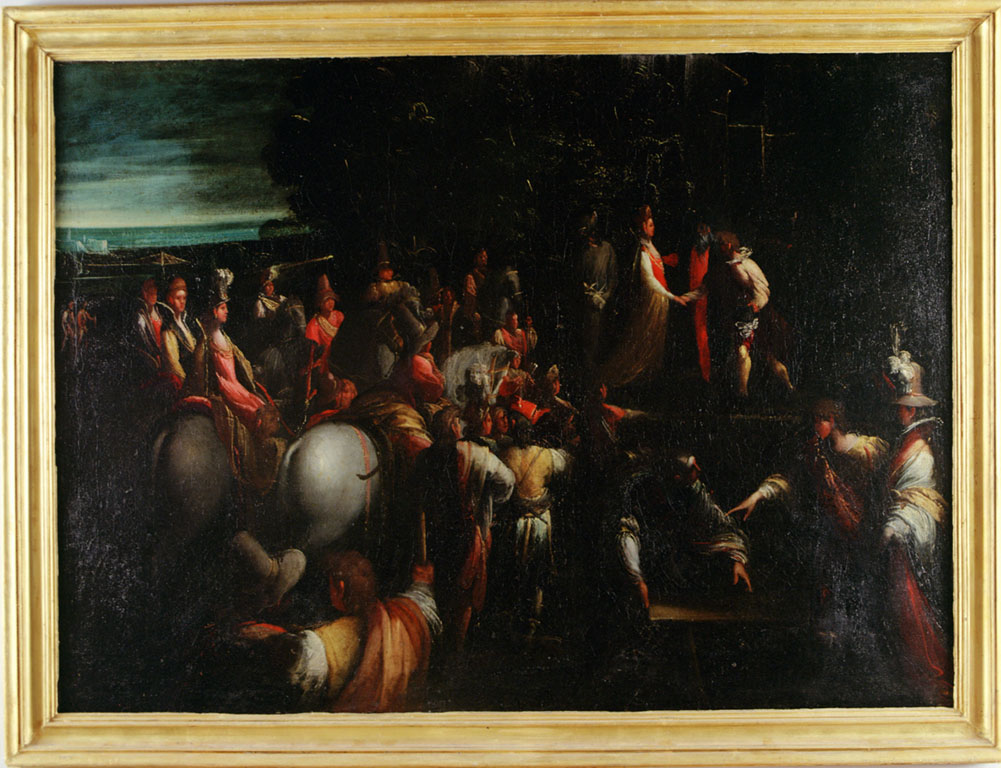 incontro fra un uomo e una donna (dipinto) di Donducci Giovanni Andrea detto Mastelletta (secc. XVI/ XVII)