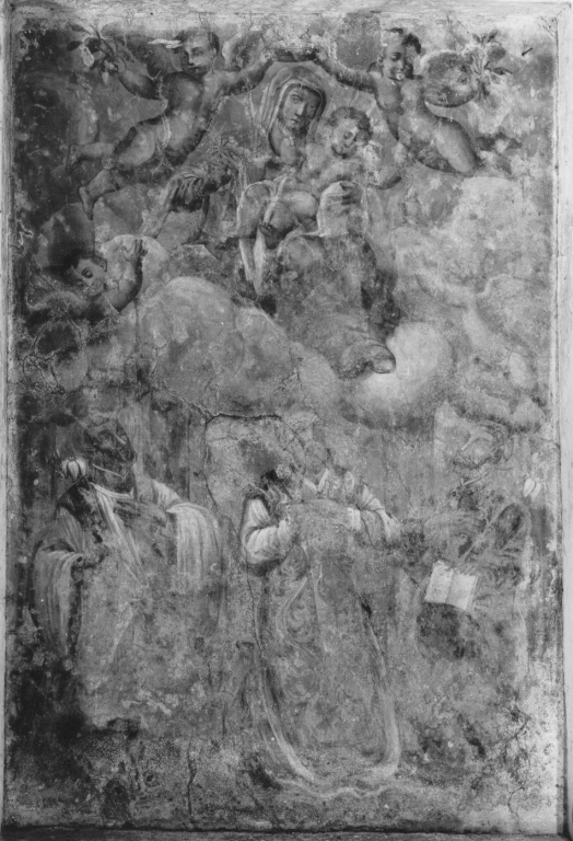 Madonna del Carmelo offre lo scapolare a tre santi (dipinto) - ambito laziale (sec. XVIII)