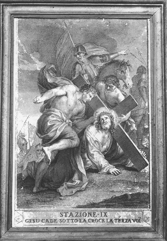 stazione IX: Gesù cade sotto la croce la terza volta (stampa) di Pozzi Francesco (sec. XVIII)
