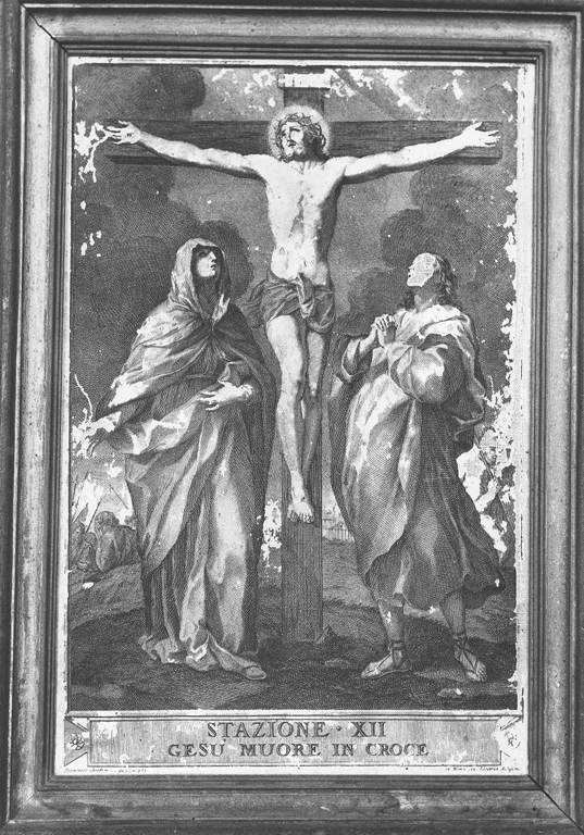 stazione XII: Gesù innalzato e morto in croce (stampa) di Cecchini Francesco (sec. XVIII)