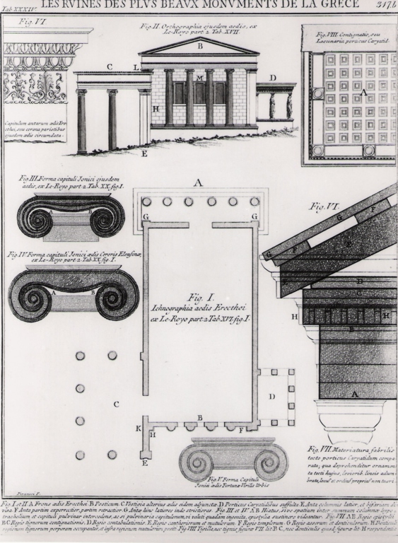 piante, alzati e dettagli dell'eretteo da Le Roy (stampa) di Piranesi Giovanni Battista (prima metà sec. XX)